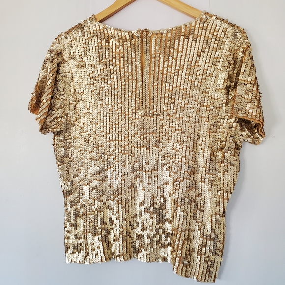 VINTAGE OSCAR DE LA RENTA Sz L Gold Sequin Short Sleeve Sweater Top Zip GLITZY - Picture 9 of 16
